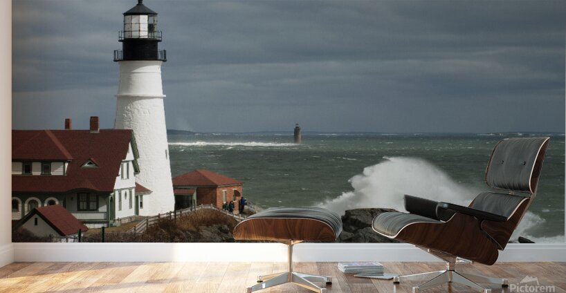 Waves Crash By Portland Head Lighthouse as Sun Breaks Through Clouds Wall Murals