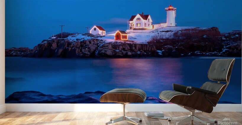 Lighted Cape Neddick Nubble Lighthouse During the Holidays in Maine Wall Murals