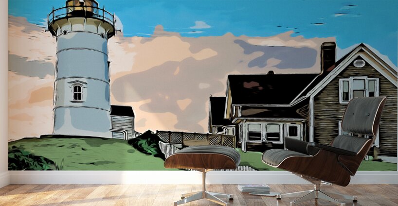 Sun Setting Behind Nobska Lighthouse on Cape Cod in Massachusetts - Illus. Wall Murals