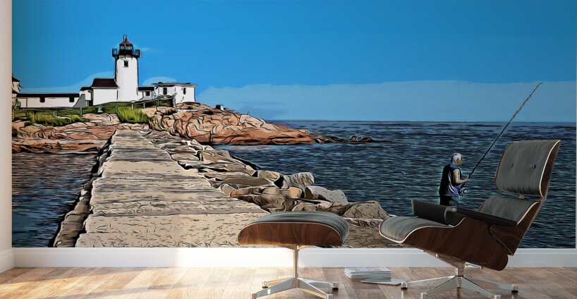 Fishing Near Eastern Point Light in Gloucester Massachusetts -Illus. Wall Murals