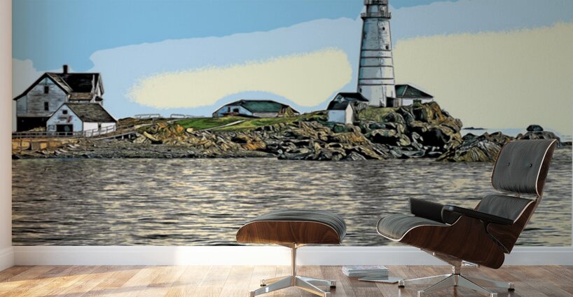 Boston Harbor Lighthouse on Island in Massachusetts - Illus. Wall Murals
