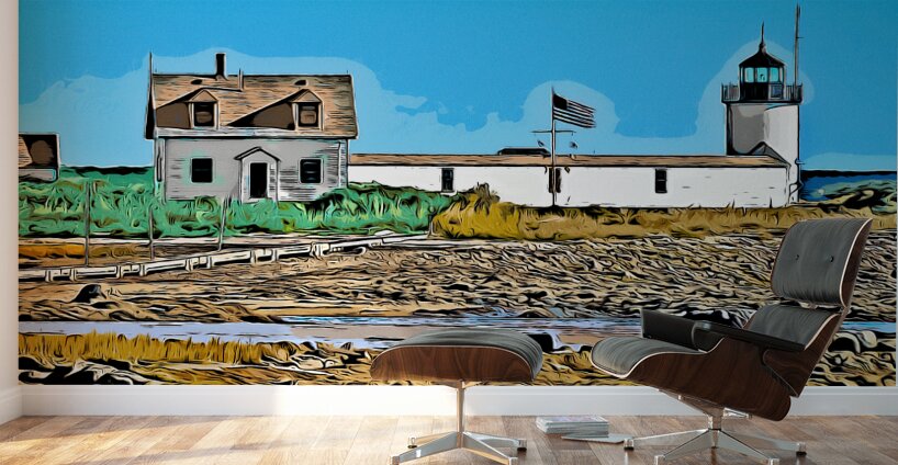 Cape Porpoise Lighthouse At Low Tide in Maine - Illus. Wall Murals