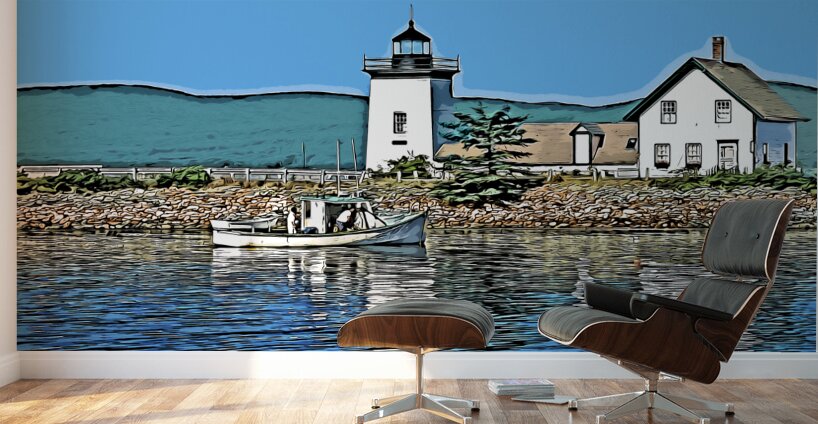 Lobster Boat by Grindle Point Lighthouse in Maine - Illus. Wall Murals