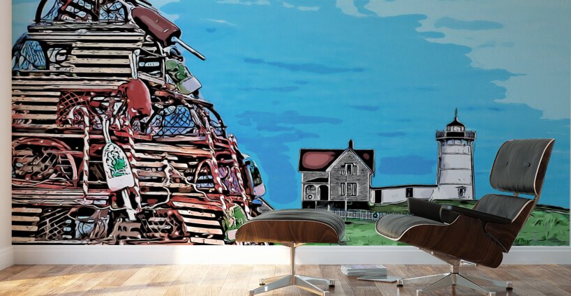 Nubble Light Near Lobster Trap Holiday Tree in Maine -Illus. Wall Murals
