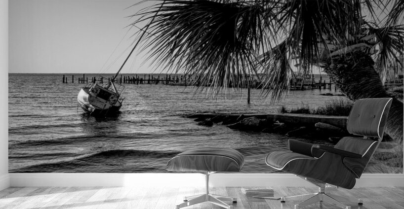 Gulf Breeze Evening Sailboat Grayscale Wall Murals