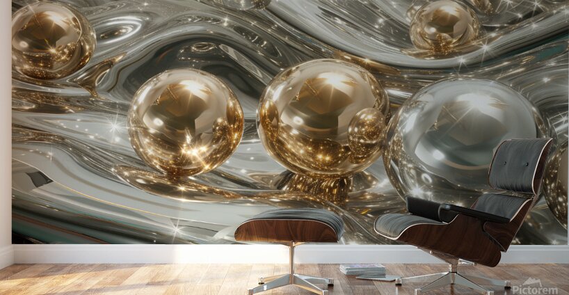 Gold and silver spheres on the smooth metallic waves Wall Murals