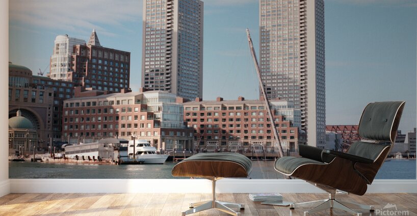 Sailboat floating by harbour with city skyline Wall Murals