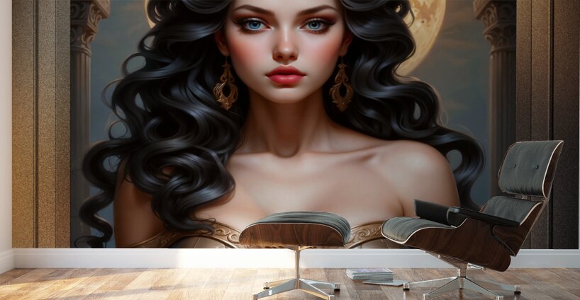 Captured By The Full Moon Captivating AI Concept Art Portrait by Xzendor7 Wall Murals