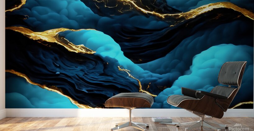 Blue Black & Gold Waves & Clouds Wall Murals