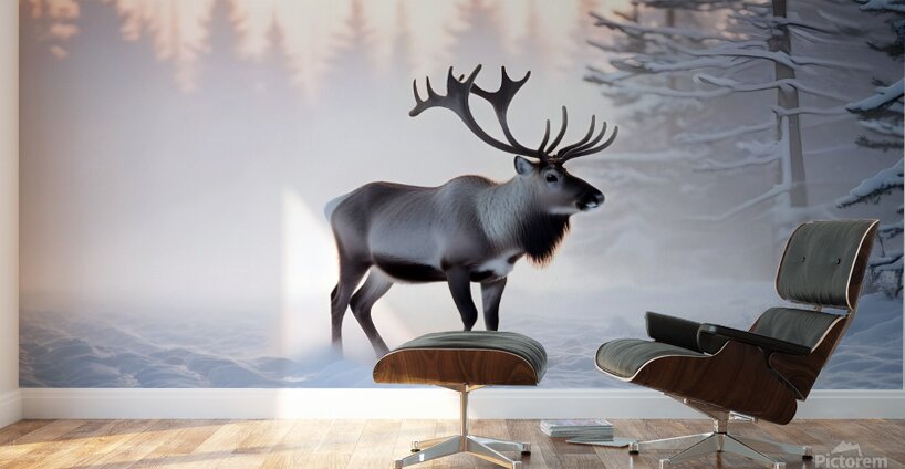 A reindeer searches for grass sprouts in the snow Wall Murals