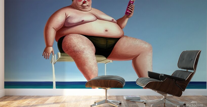 Ridiculous illustration of a man with a big belly on the beach Wall Murals