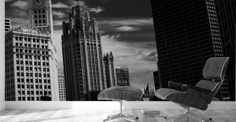 wrigley tribune buildings whispy sky  square 81 S Wall Murals