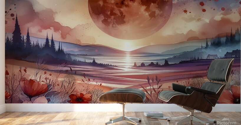 red moon fantasy landscape flowers Wall Murals