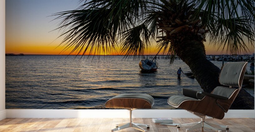 Gulf Breeze Palm Tree And Sailboat Sunset Wall Murals
