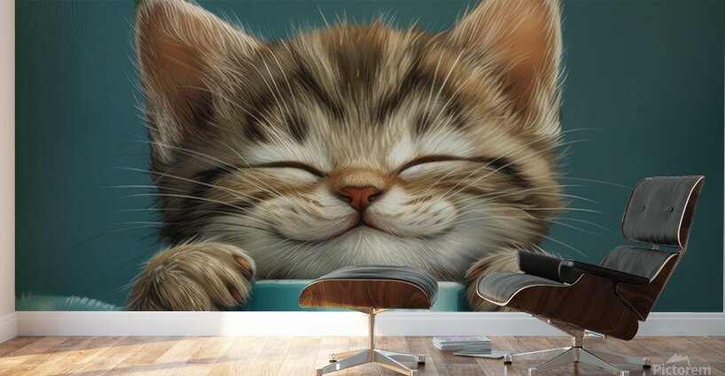 Cute Grey Tabby Cat with a Coffee Cup Wall Murals