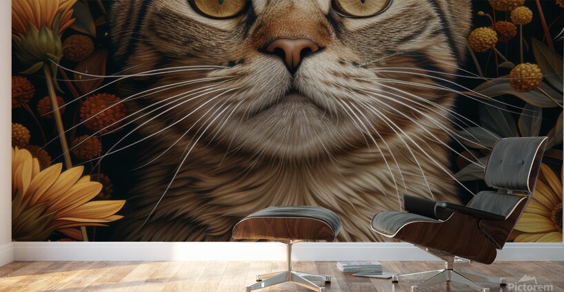 Tabby Cat in a Flowers Garden Wall Murals