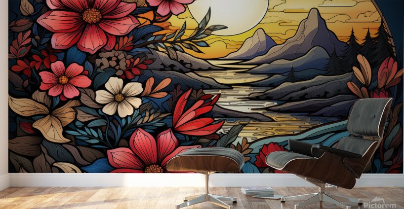 sunset mountains landscape nature sky trees cloud Wall Murals