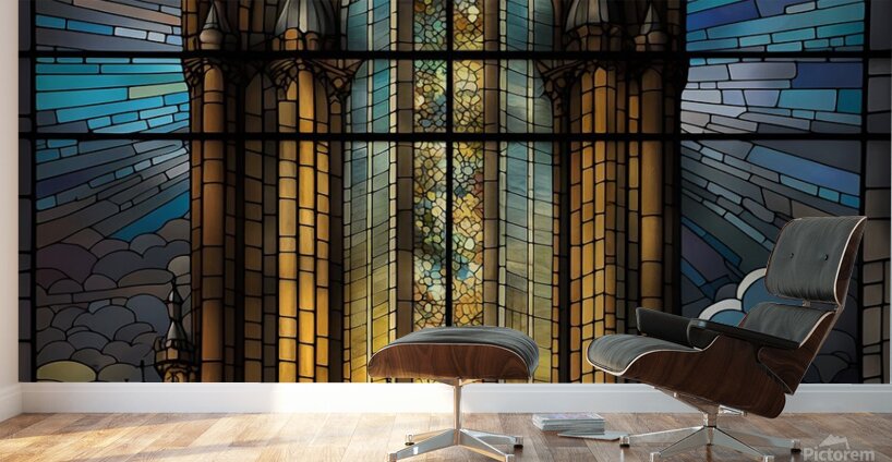 stained glass window artistic light scene castle. Wall Murals