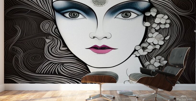 woman face art nouveau line art drawing vintage r Wall Murals