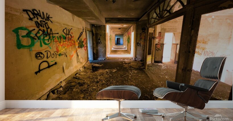 Decaying Hallway With Grafiti In Abandoned Luxurious Hotel Wall Murals