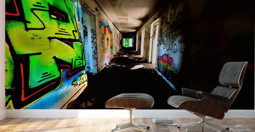 Glowing Grafiti On Decaying Hallway Of Abandoned Luxury Hotel Impression murale