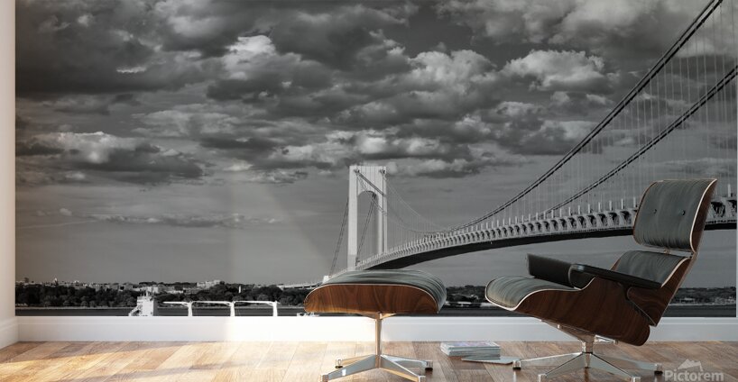 Verrazzano Bridge and Cargo Ship B W Wall Murals