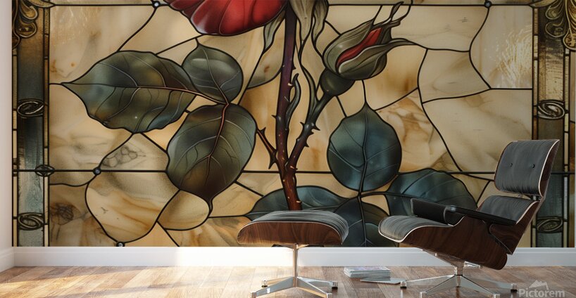 Crimson Elegance Stained Glass Red Rose Wall Murals