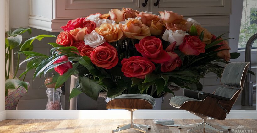 Bouquet of beautiful roses on the marble table in a kitchen Wall Murals