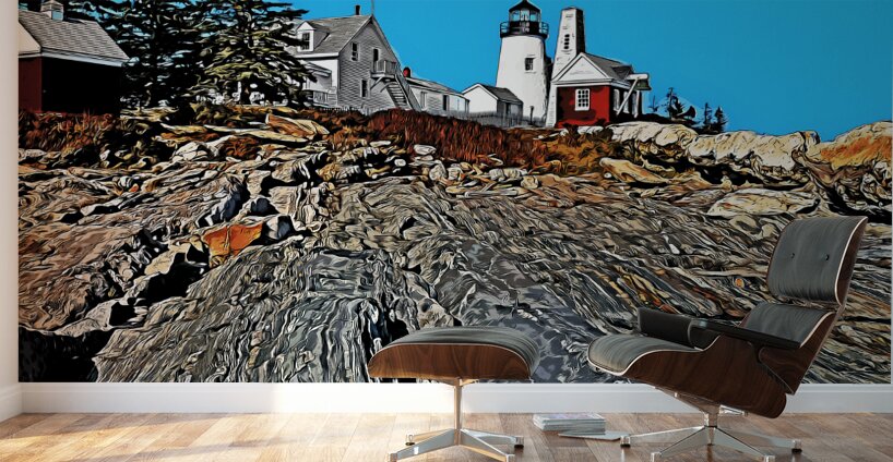 Pemaquid Lighthouse Over Rock Formations in Maine - Illus. Wall Murals