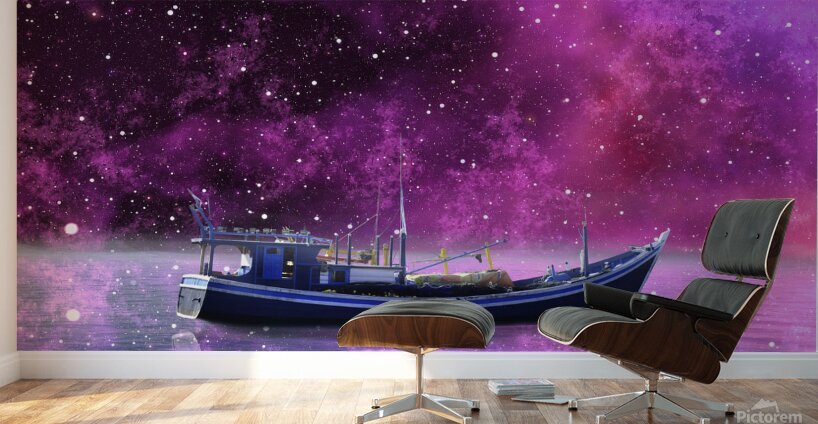 boat fisherman ship sea ocean milky way night nat Wall Murals