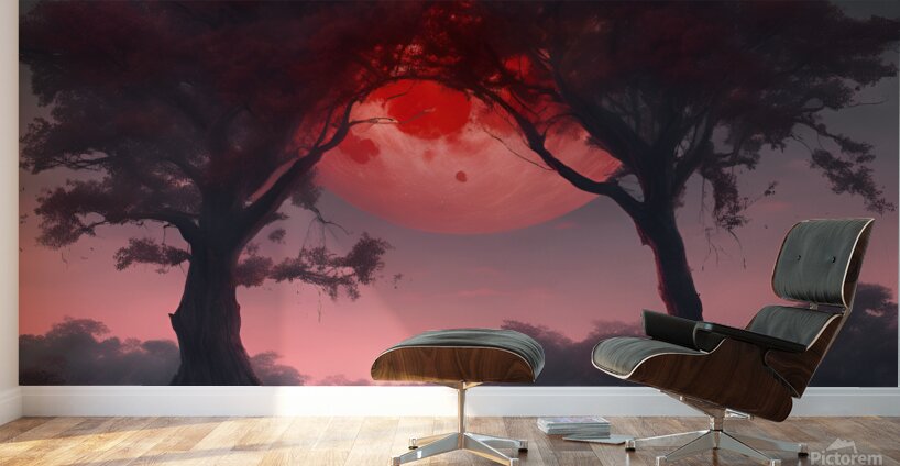 The red moon at twilight under large trees on a river of water Wall Murals