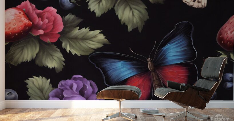  Cottage core vibrant florals with a butterfly on black  Wall Murals