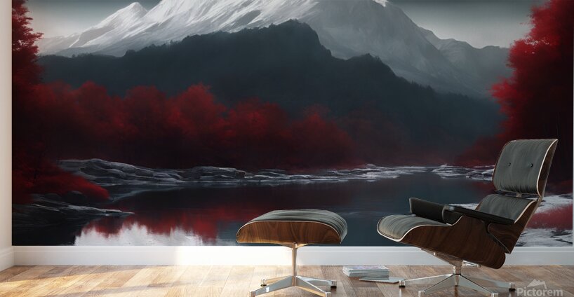 Red woods and white snowy mountain Wall Murals