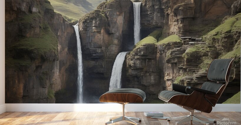 Default A majestic waterfall cascading down rugge Wall Murals