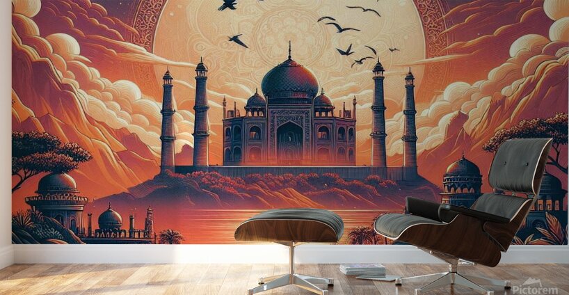 Mystical Sunset: A Majestic Palace Amidst Natures Beauty Wall Murals