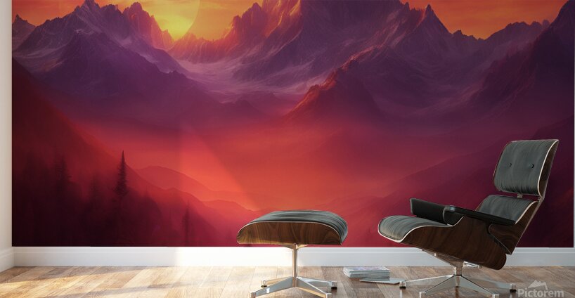  the sun setting over towering mountain peaks Wall Murals