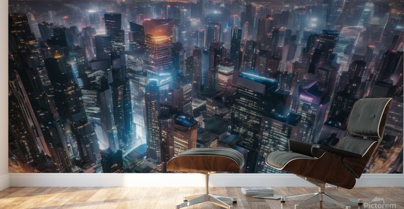 A bustling city skyline at night neon lig Wall Murals