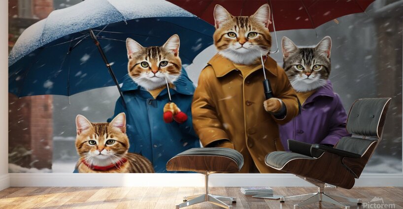 Cats with umbrellas on snowy day wall art Wall Murals