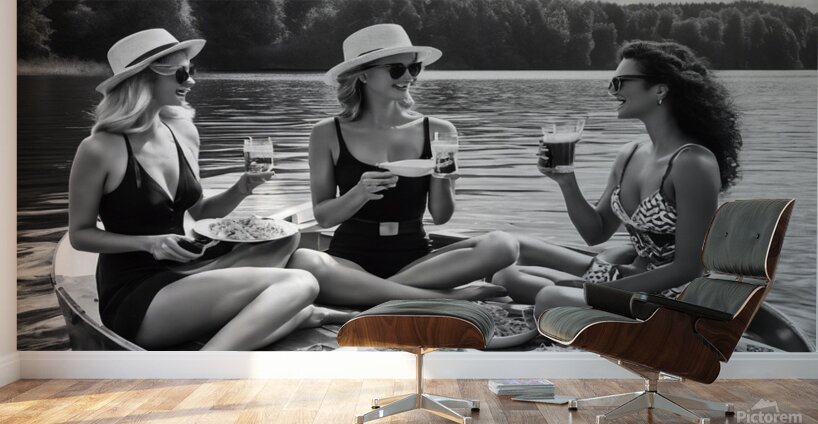 Elegant women enjoying a boat picnic wall art Wall Murals
