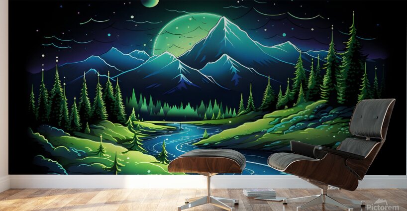 nature neon green blue mountains river trees dark Wall Murals