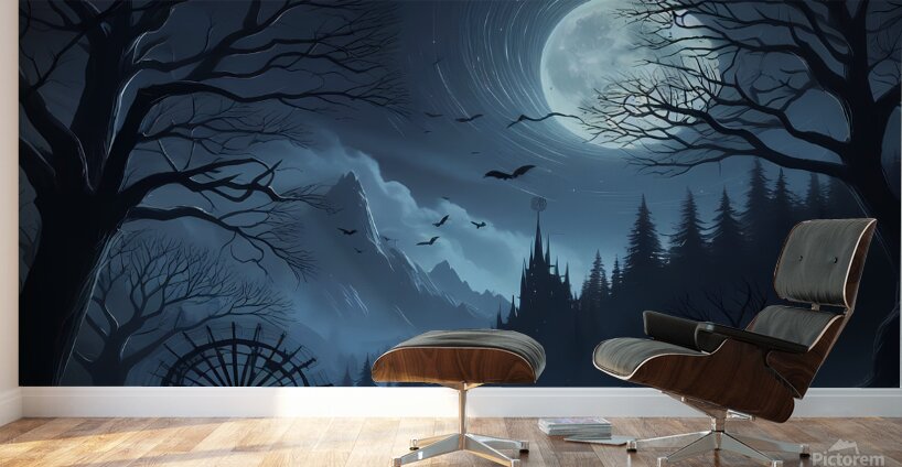 Mystical Moonlight: Veiled in Fog Embraced by Mountains Wall Murals