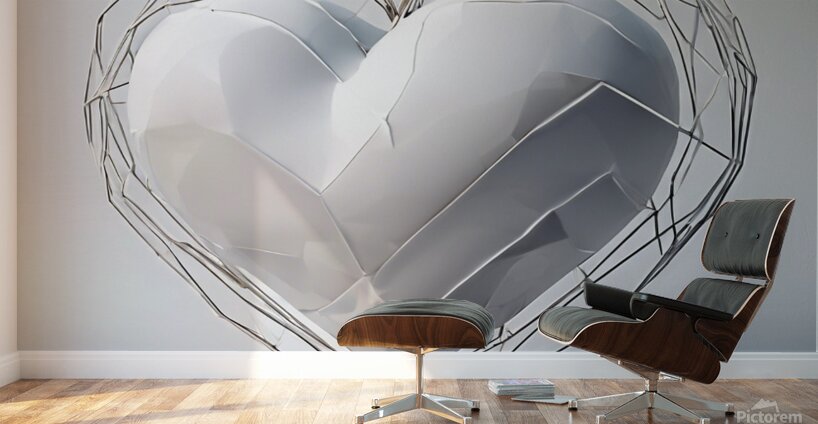 A three dimensional white geometric heart is flo Wall Murals