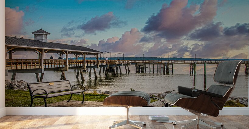 Empty Benches by a Winter Pier Wall Murals