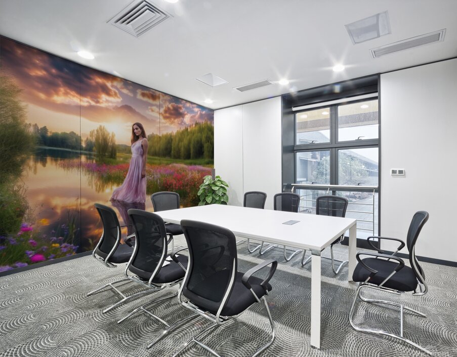 Girl in the stream at sunset Wall Printing