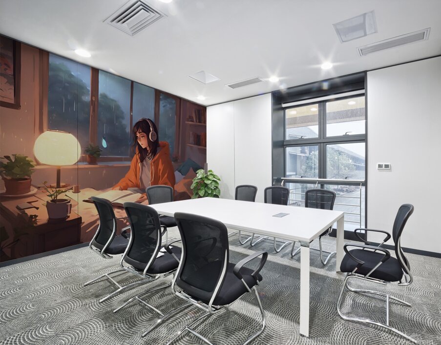 0   An anime girl in a cozy bedroom listening to Wall Printing