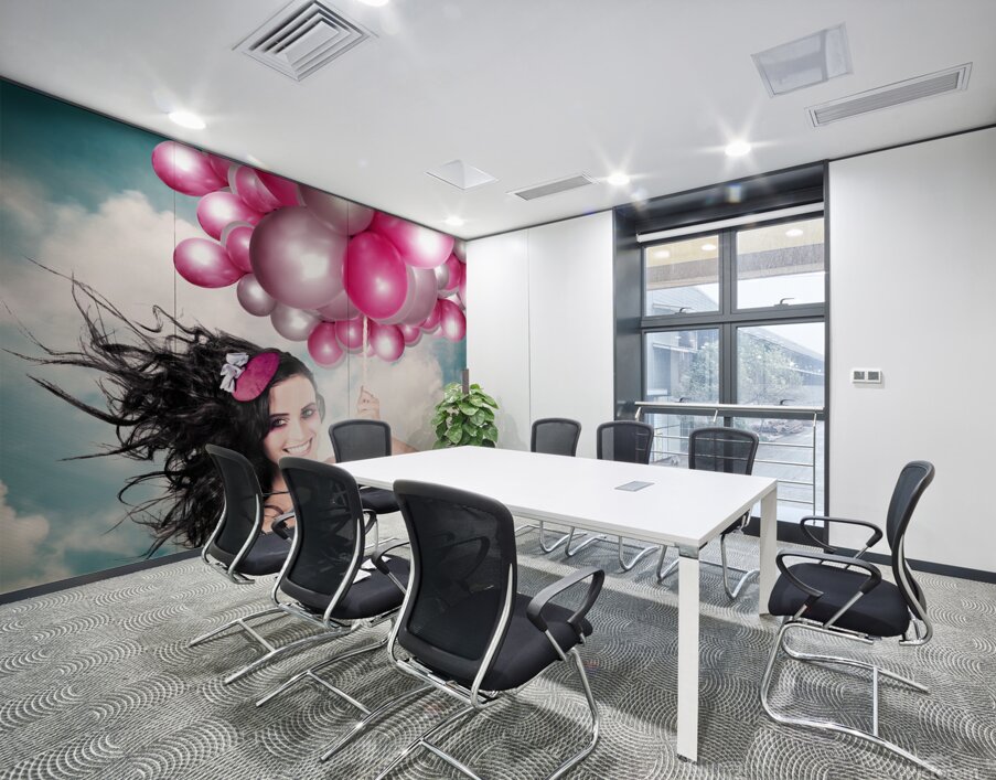 Celebration. Happy Fashion Woman Holding Balloons Wall Printing