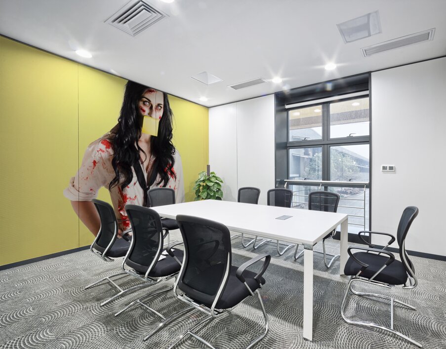 Deceased business woman with memo message on face Wall Printing