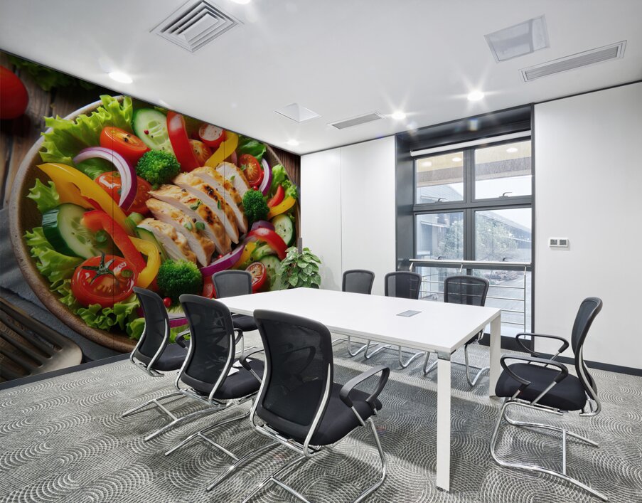 Chicken salad with tomato lettuce on wooden board 1715271873.2538 Wall Printing