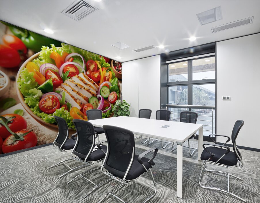 Chicken salad with tomato lettuce on wooden board 1715271953.3073 Wall Printing