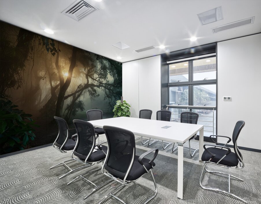 A lush green forest in the early morning mist Wall Printing